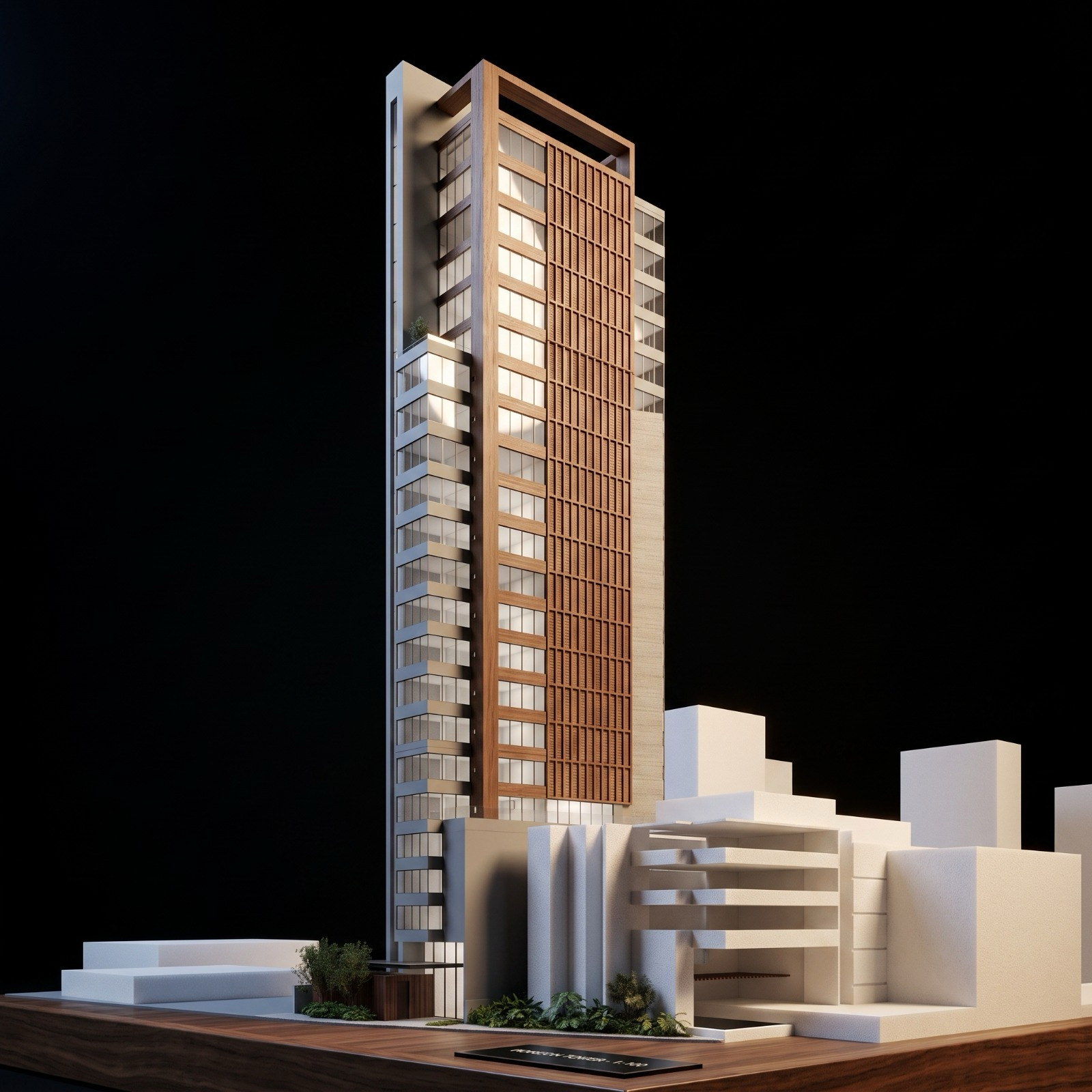 Estudo volumétrico noturno da torre Iconic iluminada